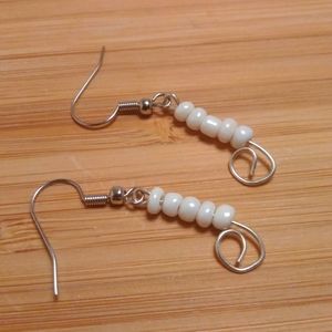 White Glass Beaded Spiral Silver Earrings